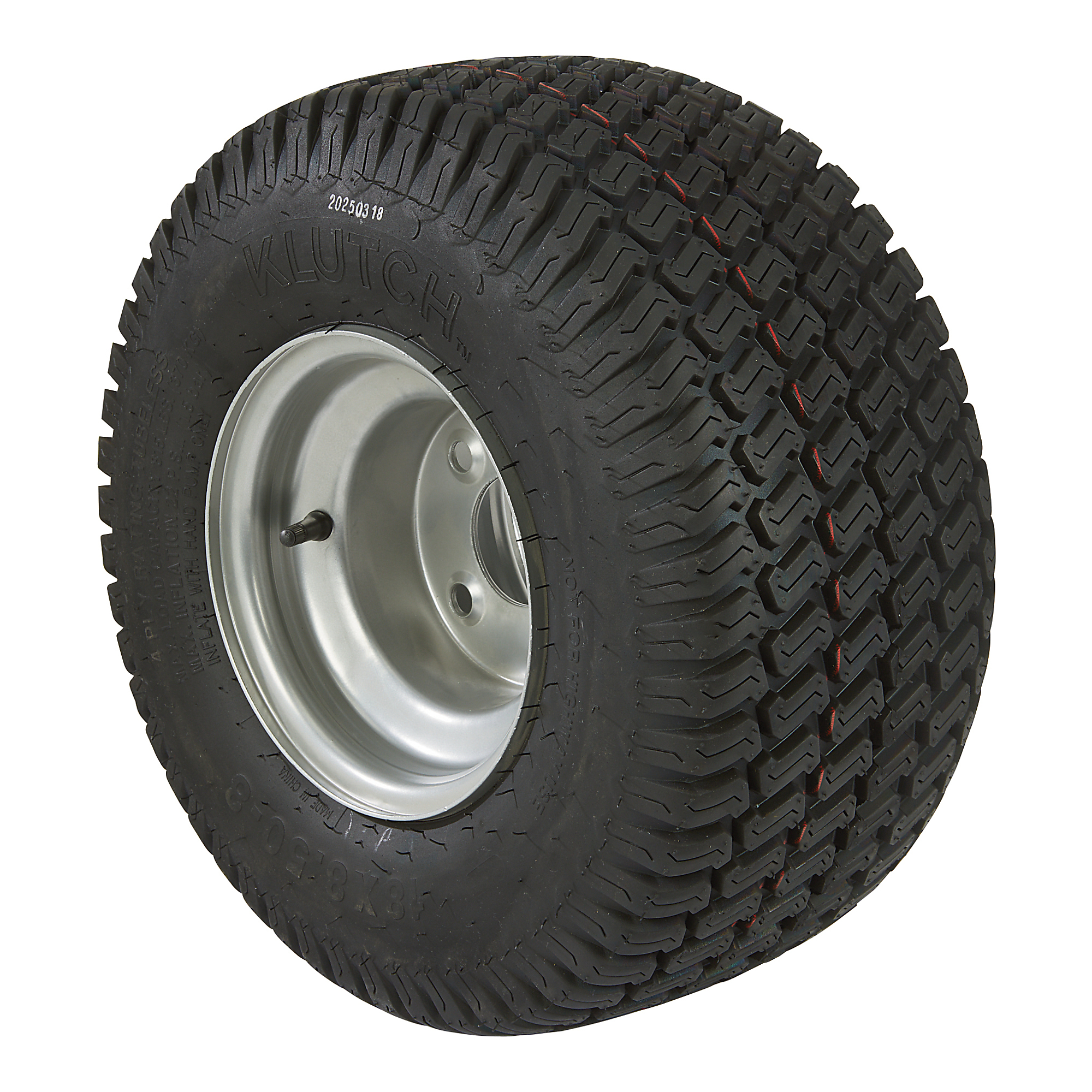 Klutch Pneumatic Lawn Mower Tire Assembly, 18/8.50–8, 4/4 Bolt Pattern, Turf Master Tread